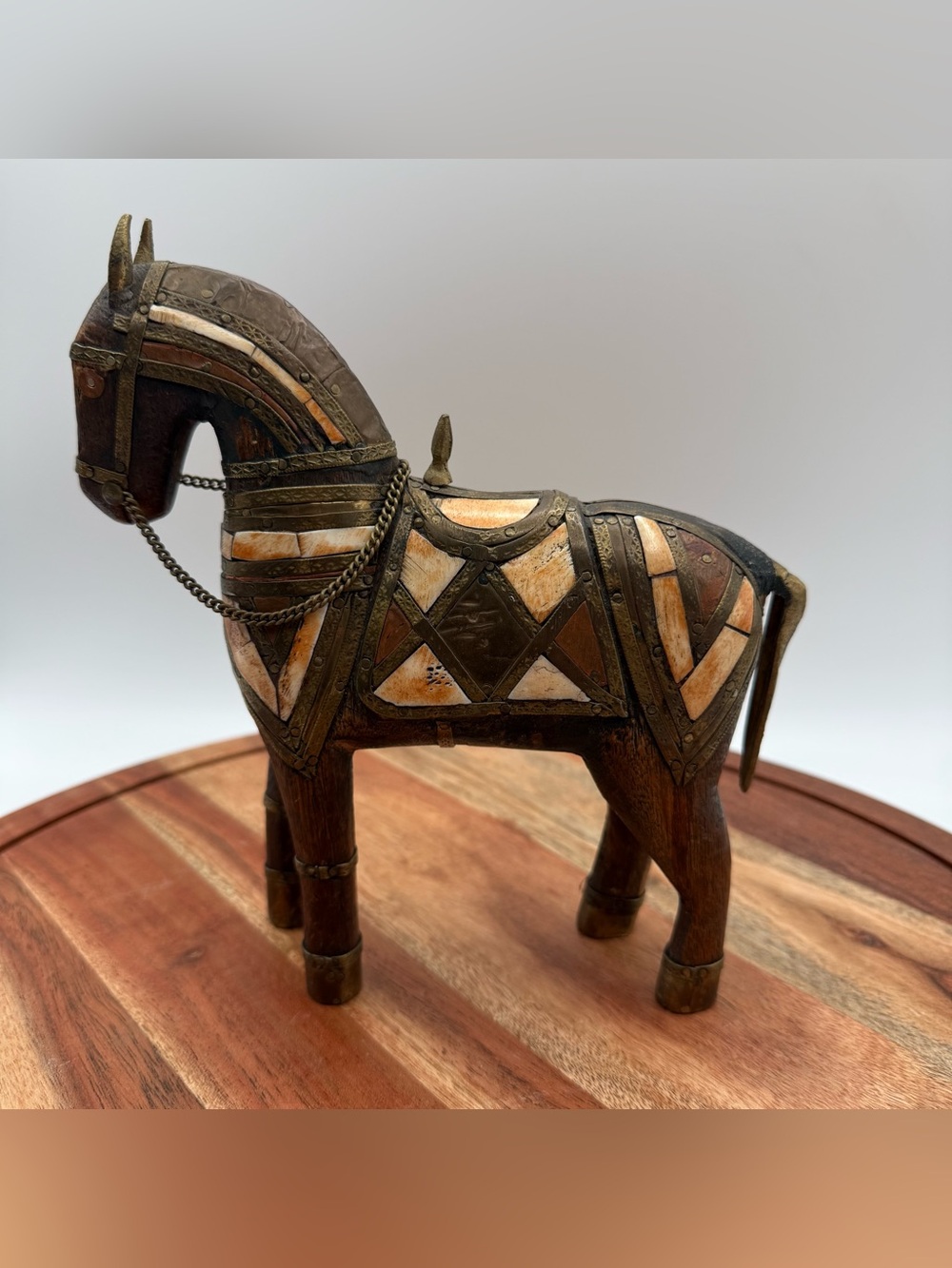 Vintage Folk Art Hand Carved Wood Horse Statue Brass & Mosaic Inlay 8”